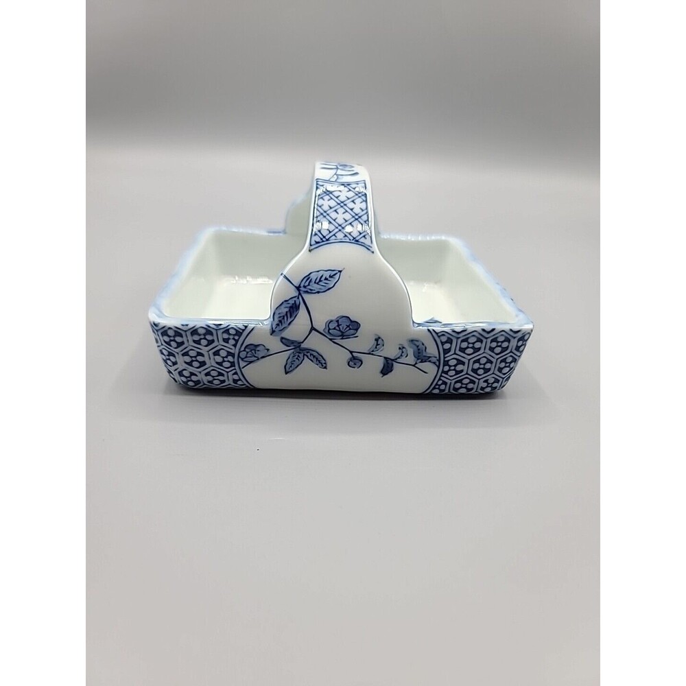 Fitz & Floyd Japan Square Trinket Basket Blue and White With Flowers Handle